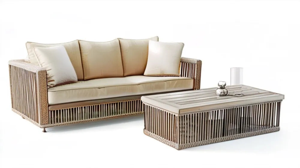 Beżowo-naturalny zestaw ogrodowy z sofą 3-osobową 200 x 80 x 75 cm i stolikiem 120 x 60 x 40 cm