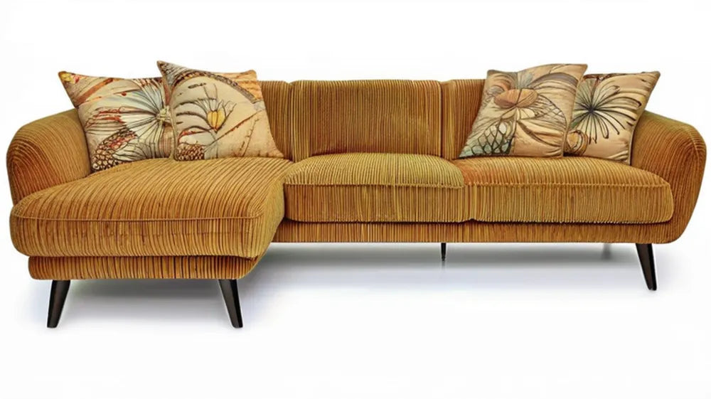 Musztardowa narożna sofa lewostronna z szezlongiem, sztruksowa, 270 × 165 × 85 cm