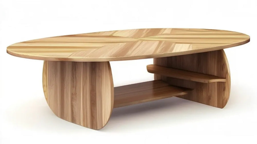 Owalny stolik kawowy z MDF z fornirem dębowym, naturalny dąb, 120 × 60 × 42 cm