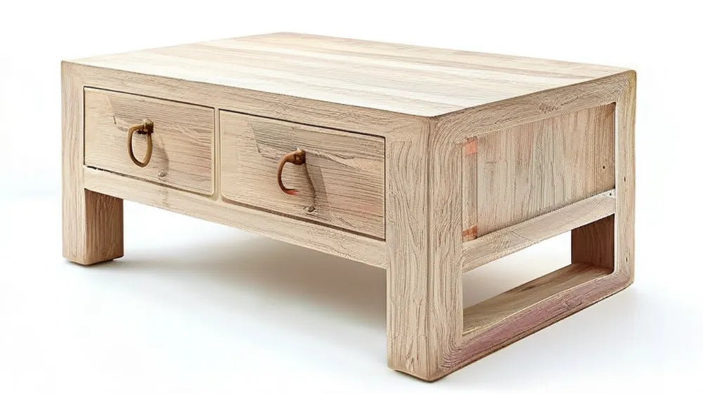 Prostokątny stolik kawowy z litego drewna wiązu, naturalny jasny wiąz, 100 × 50 × 45 cm, 2 szuflady