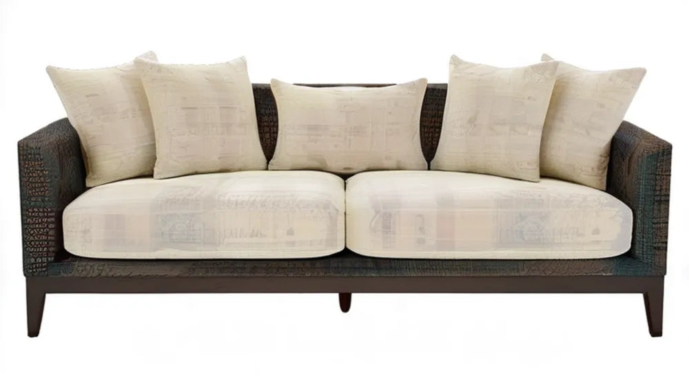 3-osobowa sofa z plecionką PE brązowa z kremowymi poduszkami, 200 × 85 × 80 cm