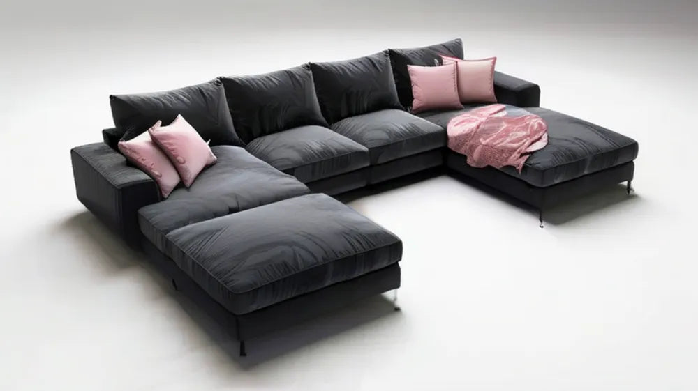 Czarna sofa modułowa w kształcie U z dwoma szezlongami, aksamit poliestrowy, 360 x 220 x 85 cm