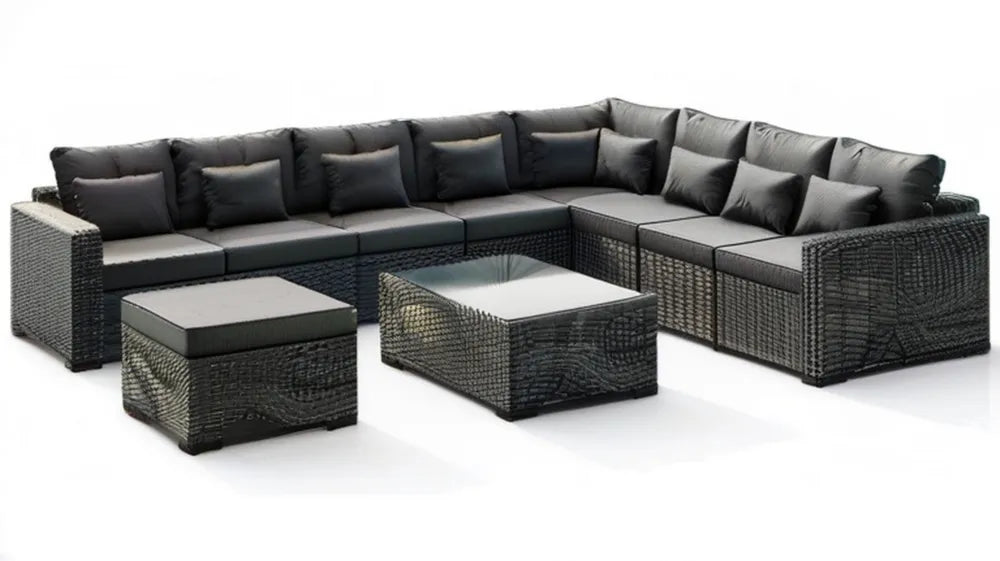 Modułowy narożnik ogrodowy z technorattanu PE, czarny i ciemnoszary, 280 × 210 × 65 cm