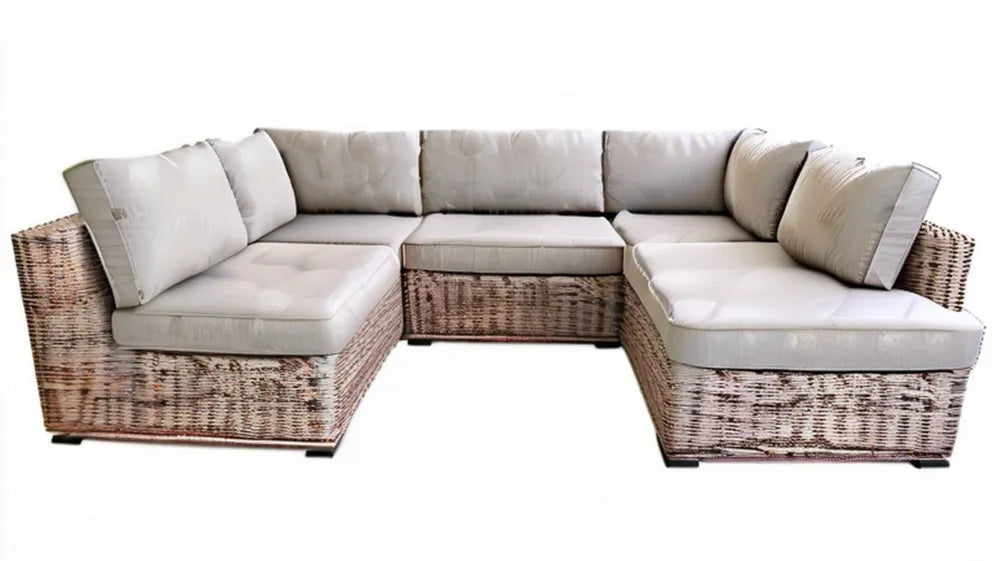 Beżowo-brązowy narożnik ogrodowy 5-osobowy z technorattanu 280 × 210 × 85 cm