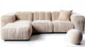 Beżowa sofa narożna z lewostronnym szezlongiem i owalną pufą, sztruksowa, 280 x 170 x 75 cm
