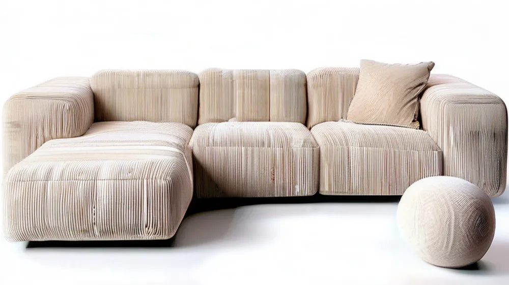 Beżowa sofa narożna z lewostronnym szezlongiem i owalną pufą, sztruksowa, 280 x 170 x 75 cm