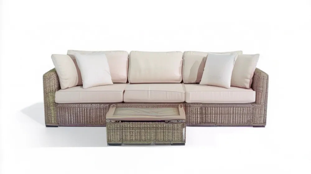 Beżowo-szarobrązowa sofa trzyosobowa z technorattanu ze stolikiem, sofa 220 × 85 × 78 cm, stolik 100 × 60 × 38 cm