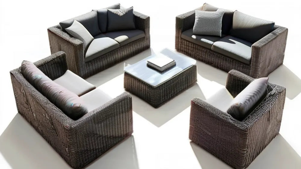 Brązowo-szaro-kremowy zestaw wypoczynkowy z technorattanu – 2 sofy 150 x 75 x 70 cm, 2 fotele 85 x 75 x 70 cm, stolik 110 x 60 x 45 cm