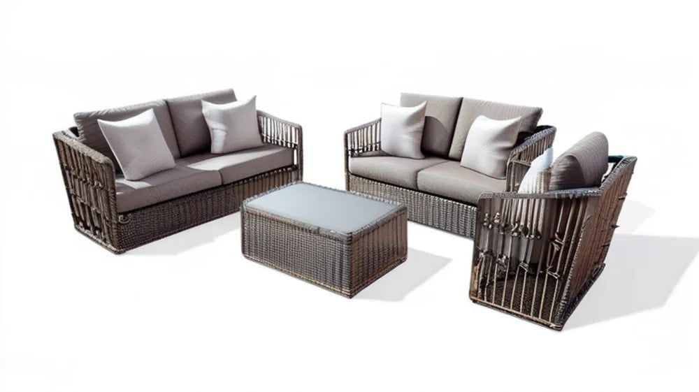 Brązowo-szary zestaw z technorattanu: 2 sofy 145 × 75 × 78 cm, fotel 78 × 75 × 78 cm i stolik 100 × 60 × 45 cm