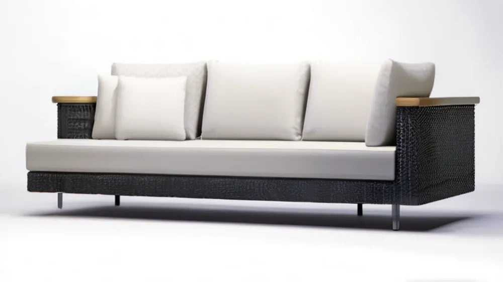 3-osobowa sofa ogrodowa z technorattanu, czarna z jasnoszarymi poduszkami i akacjowymi podłokietnikami, 220 x 85 x 76 cm