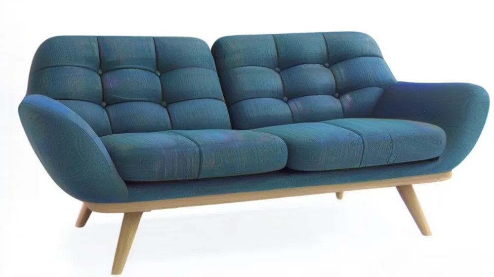 Trzyosobowa sofa retro niebieskozielona z nogami z jasnego drewna bukowego 190 x 82 x 83 cm