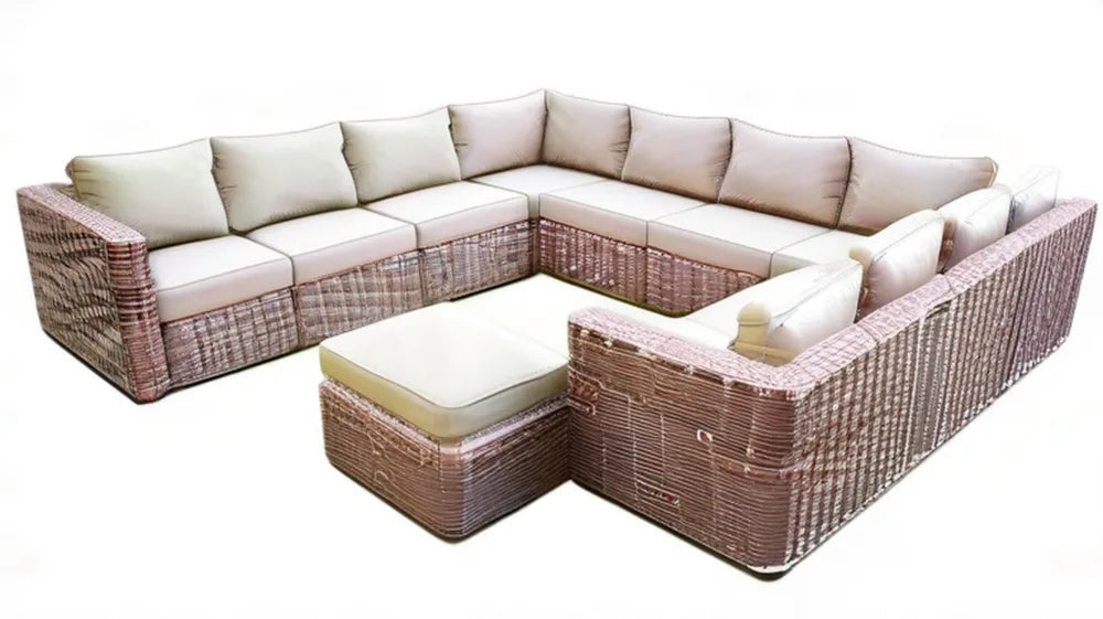 Modułowy zestaw wypoczynkowy z technorattanu w kształcie U, brązowo-beżowy, 320 × 260 × 85 cm