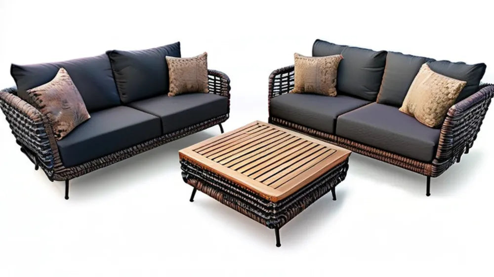 Zestaw wypoczynkowy z technorattanu PE, 2 sofy 210 x 80 x 75 cm i stolik 120 x 70 x 42 cm, Czarny/Brązowy/Jasnobrązowy/Beżowy
